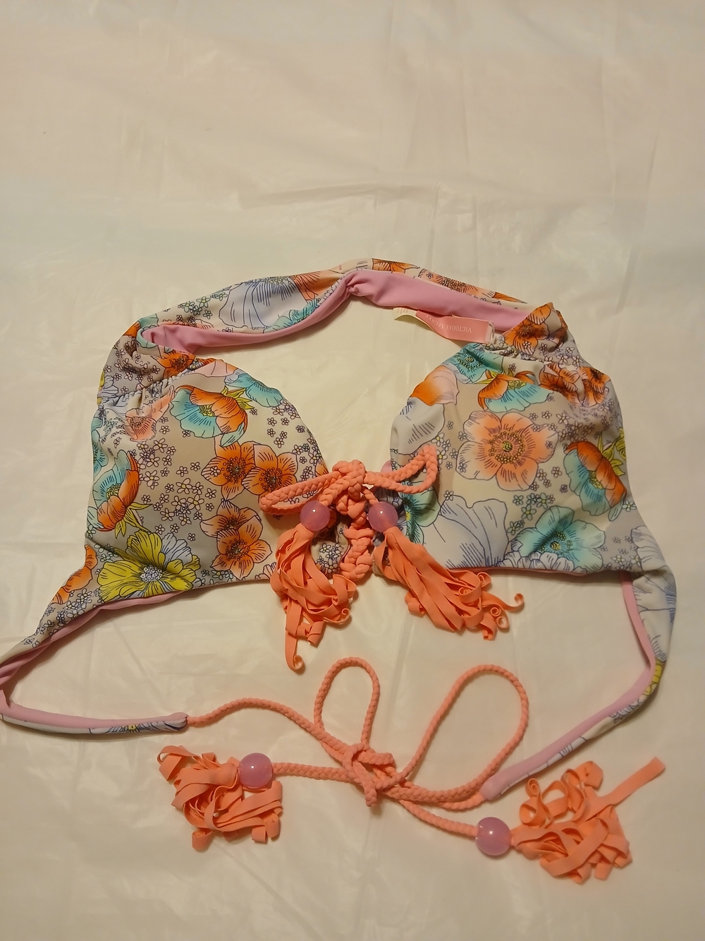 Victoria's Secret Floral Bikini Top with Pink Tassels & Beads